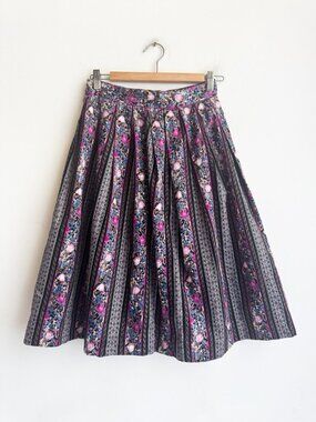 Vintage Floral Pink Black Midi Skirt Austrian Style S
